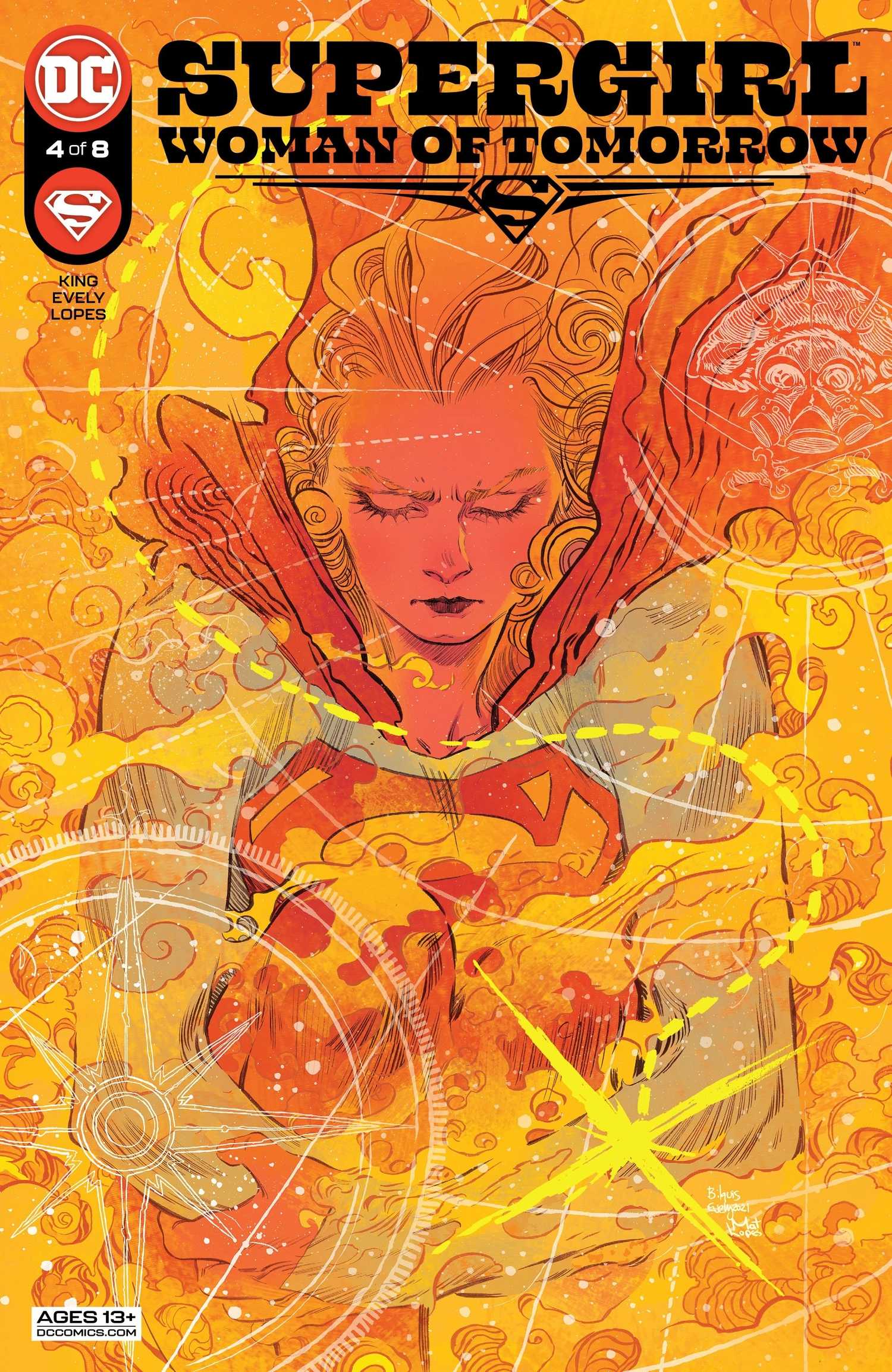Supergirl has her arms crossed and her eyes closed as flames dance and writhe all around her.