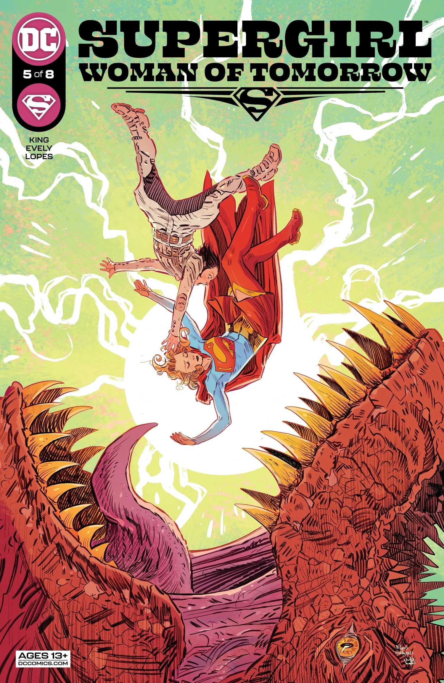 Supergirl and a young woman plummet downward toward the open jaws of a massive red dinosaur.