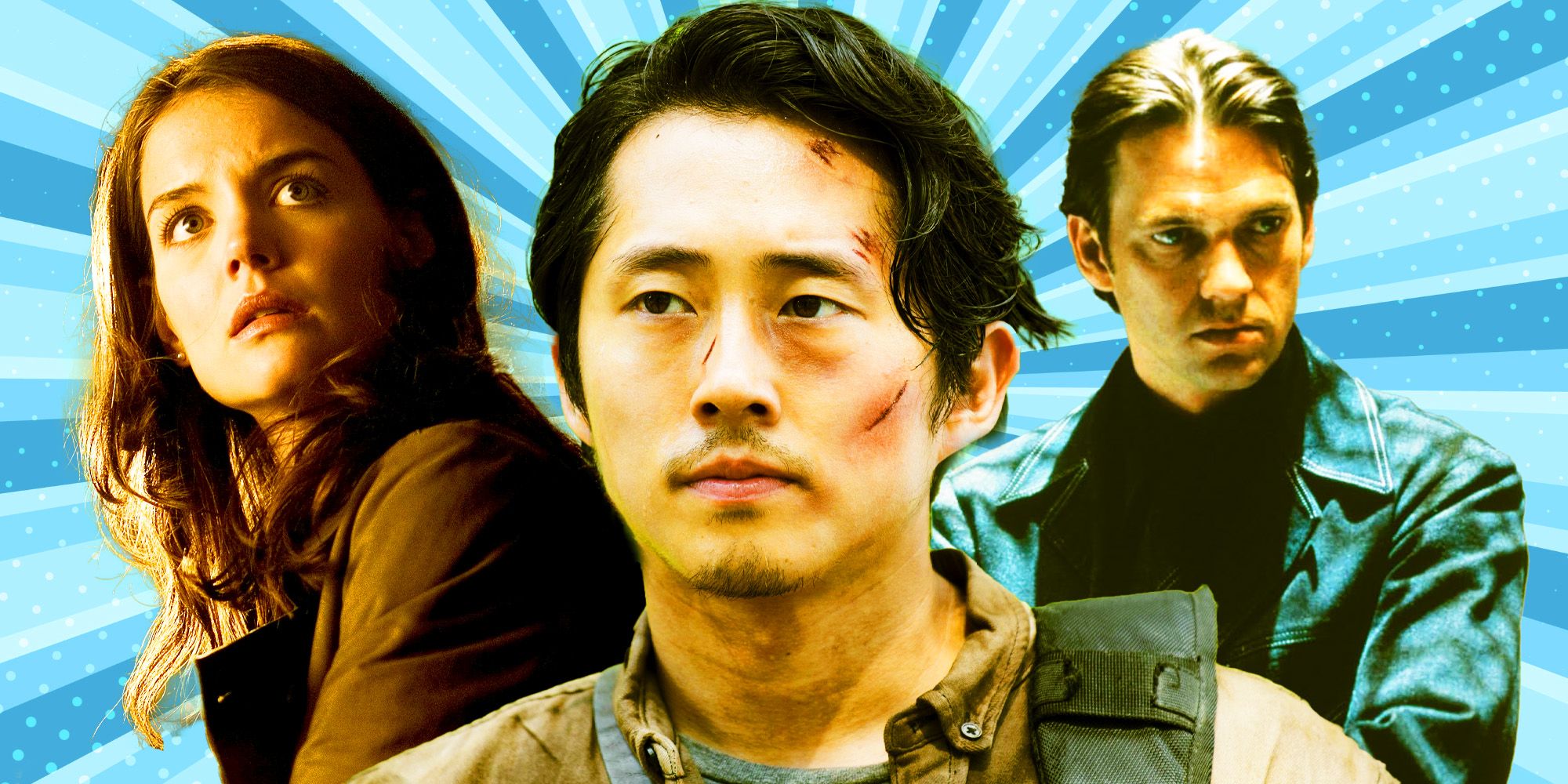 A blended image of actors Steven Yeun, Katie Holmes, and Dougray Scott