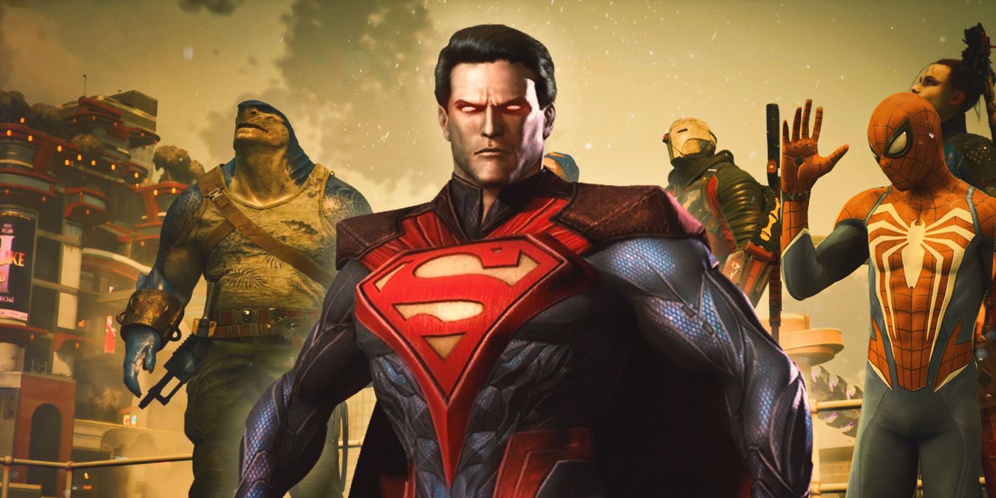 Superman with glowing red eyes, Spider-Man, and King Shark from the DCU video game universe.