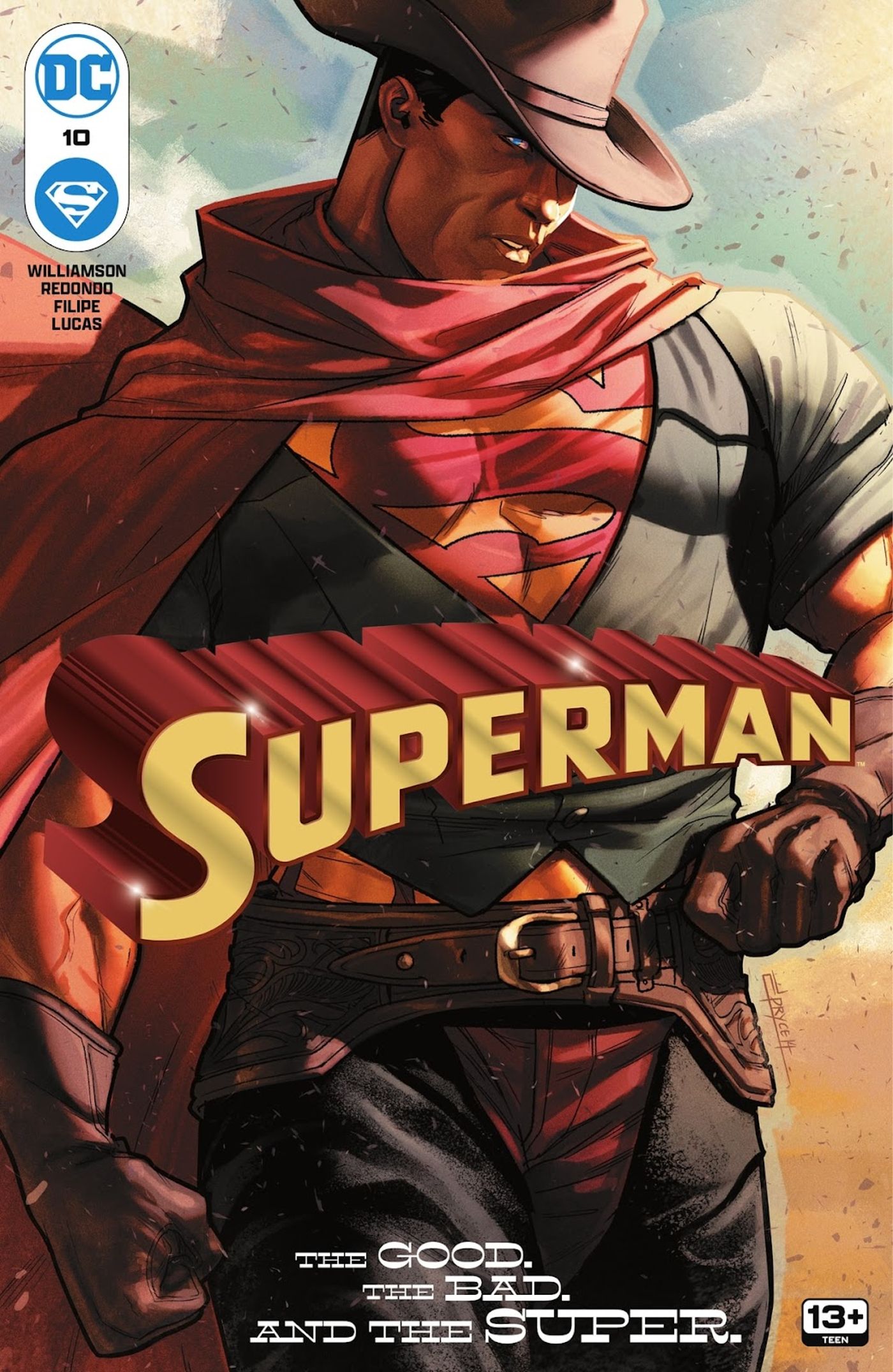 Superman #10 cover, Superman wearing Wild West attire over his Superman suit