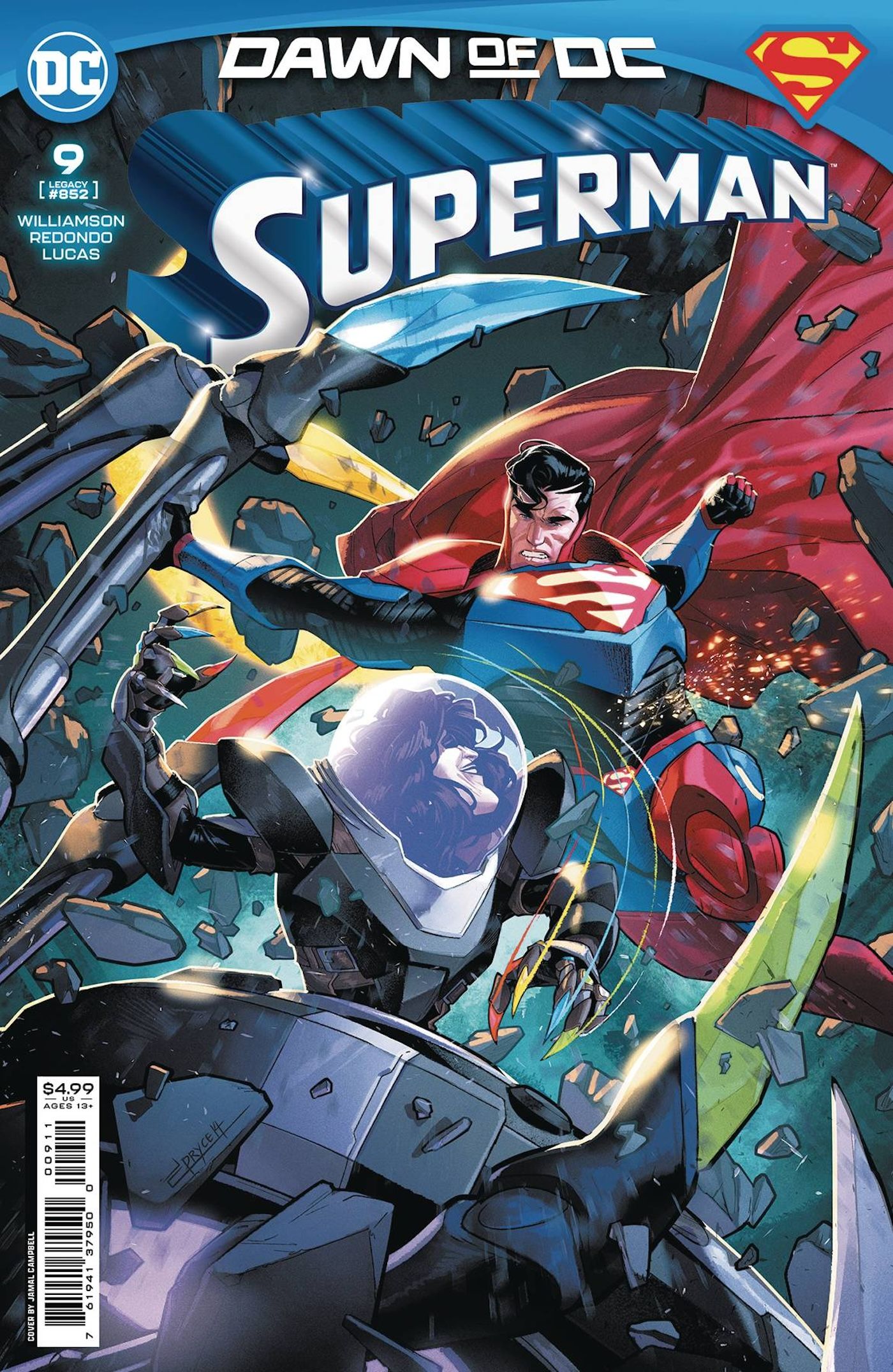 Superman 9 Main Cover: Superman battling a villain in armored suits.