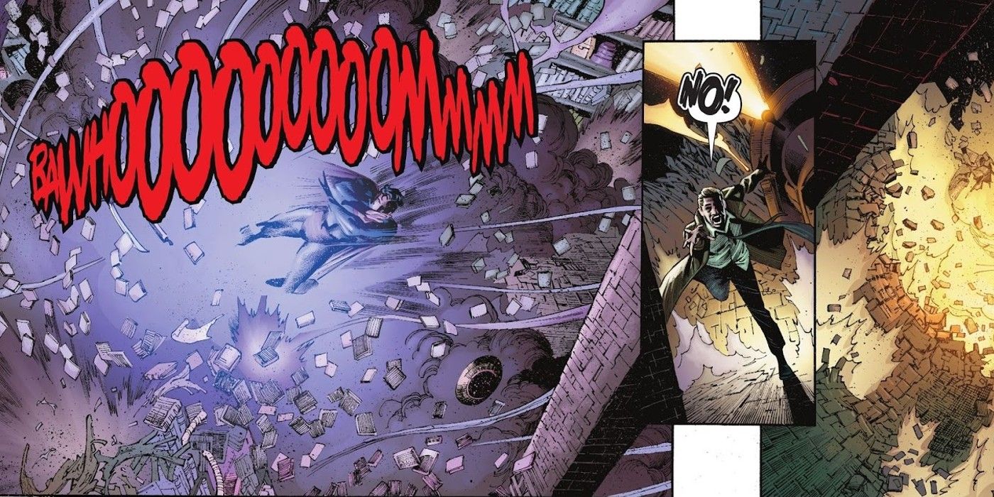 Action Comics #1060, Superman and John Constantine fly through rubble