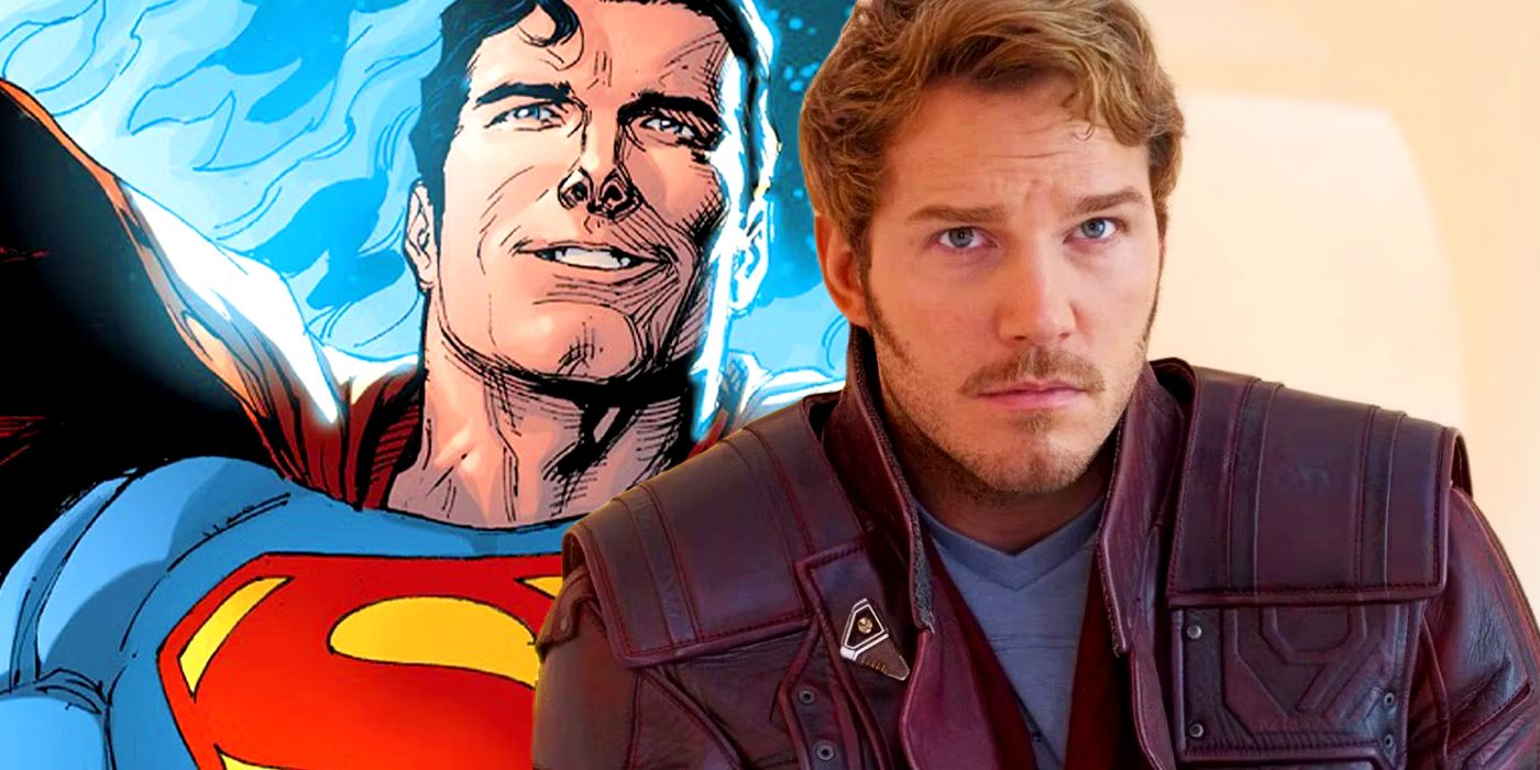 Split image of Superman from comics and Peter Quill (Chris Pratt)
