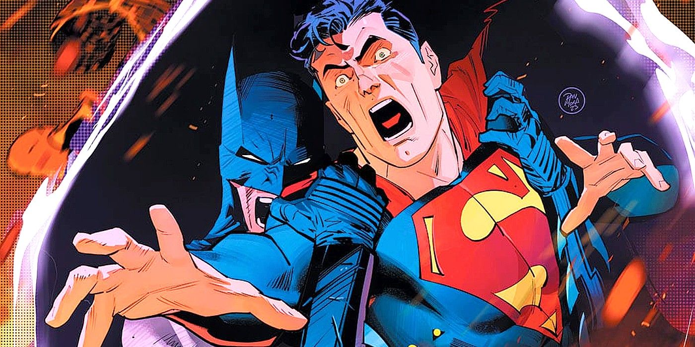 Comic book art: Batman holding back a scared looking Superman.