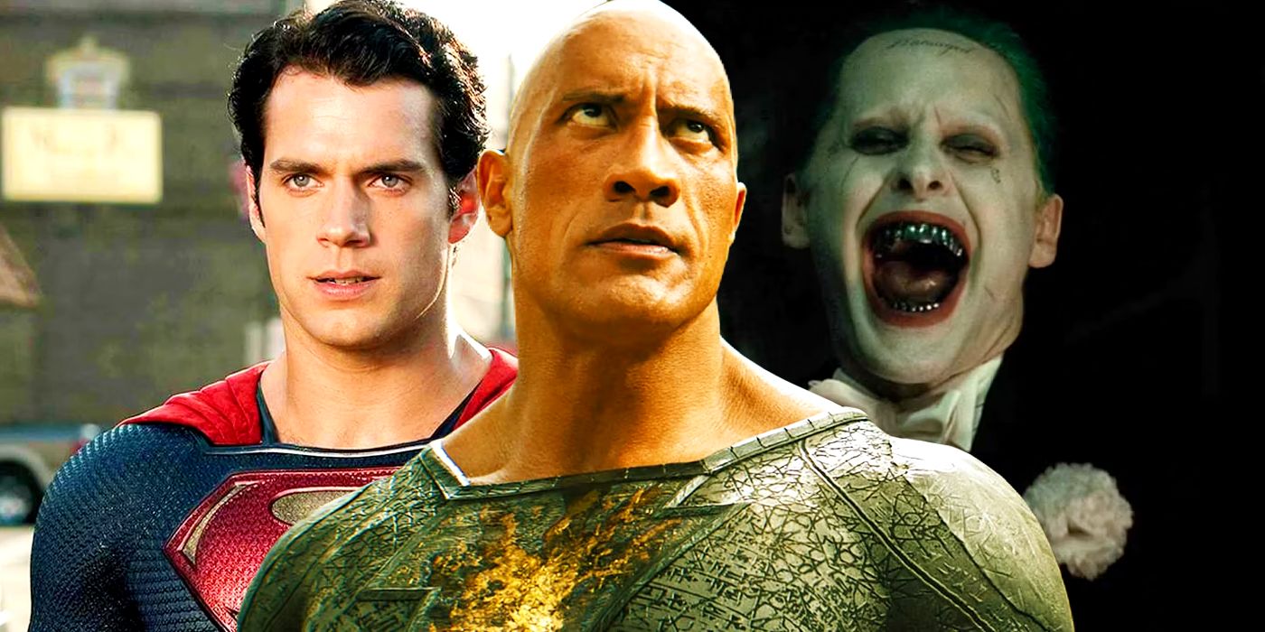 Split image of Henry Cavill's Superman, Dwayne Johnson's Black Adam, and Jared Leto's Joker