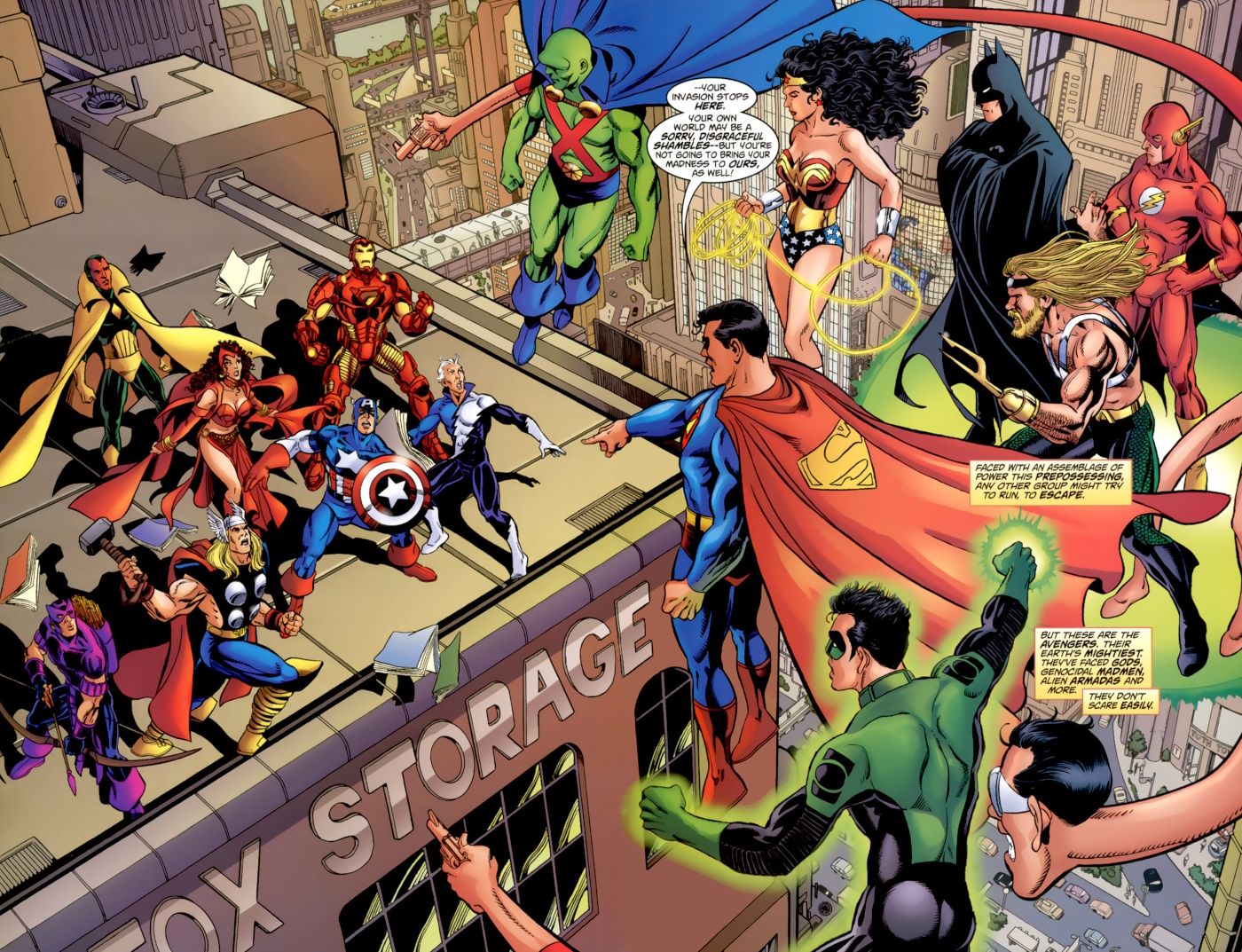 Comic book page: costumed superheroes from Marvel and DC face each other antagonistically.