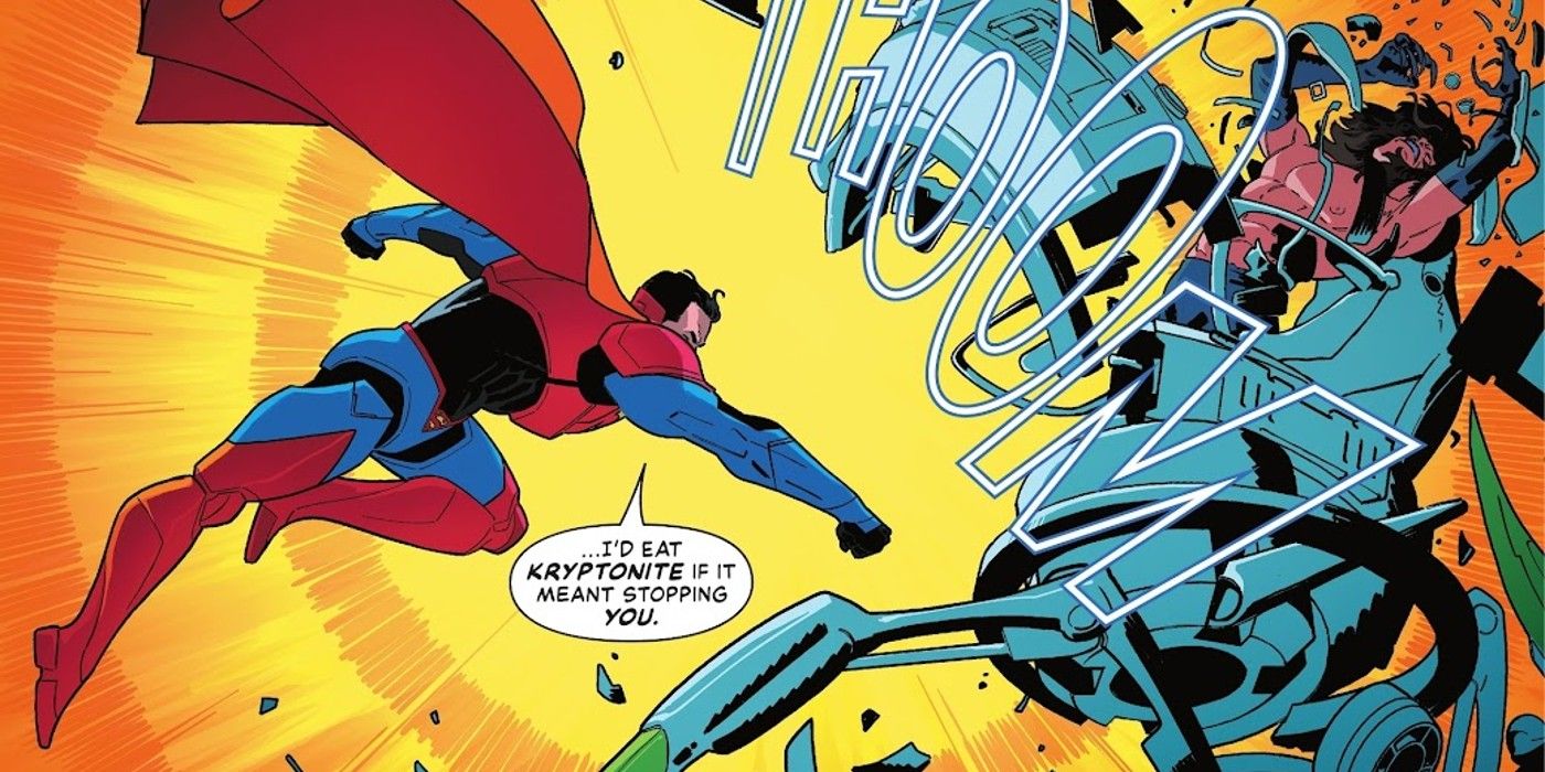 Comic book panel: Superman punches a villain, destroying his armor.