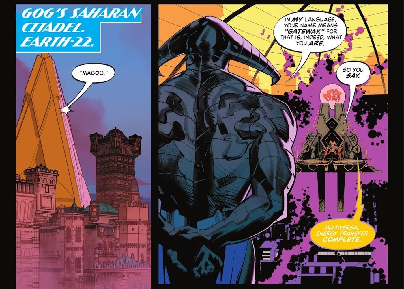 Comic book panels: armored characters from DC’s Kingdom Come talk in a futuristic space.
