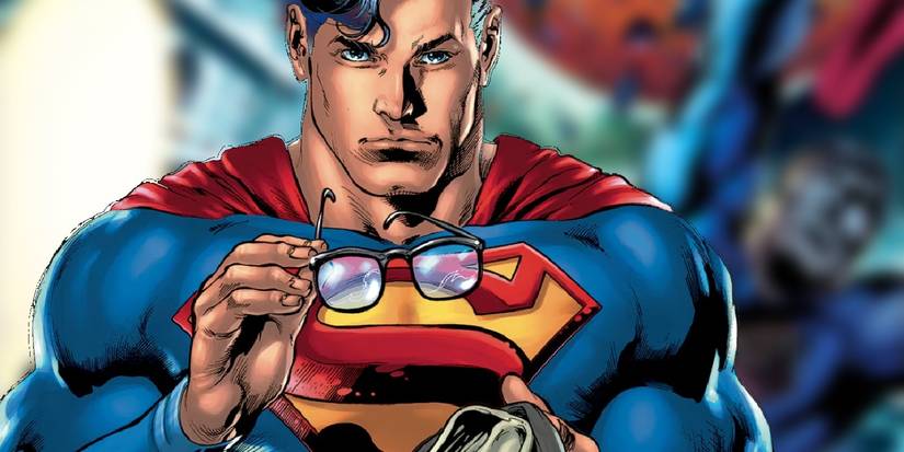 Comic book art: Superman holding Clark Kent's glᴀsses.