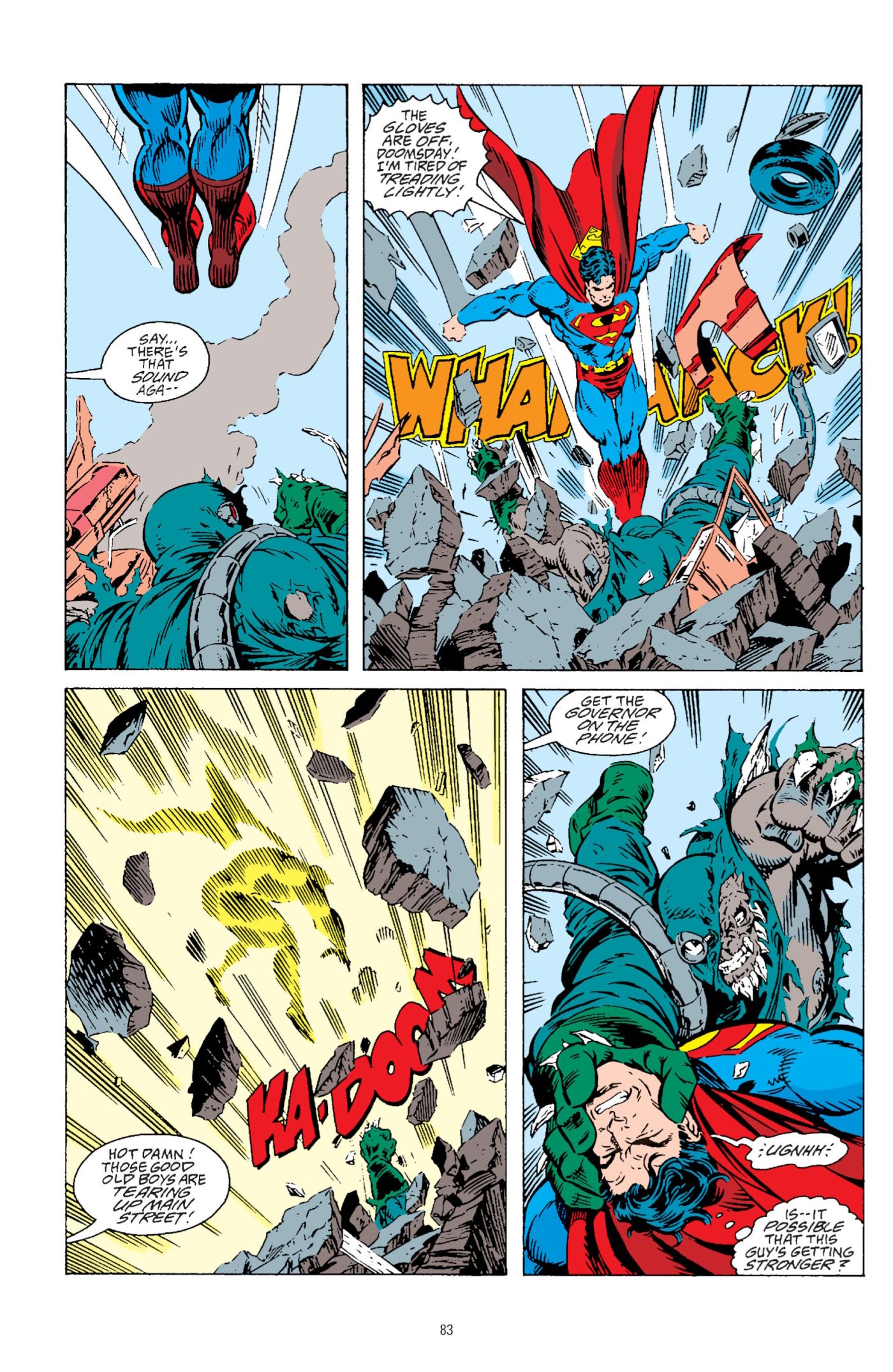 Comic book page: Superman and Doomsday battle through the streets of Metropolis.