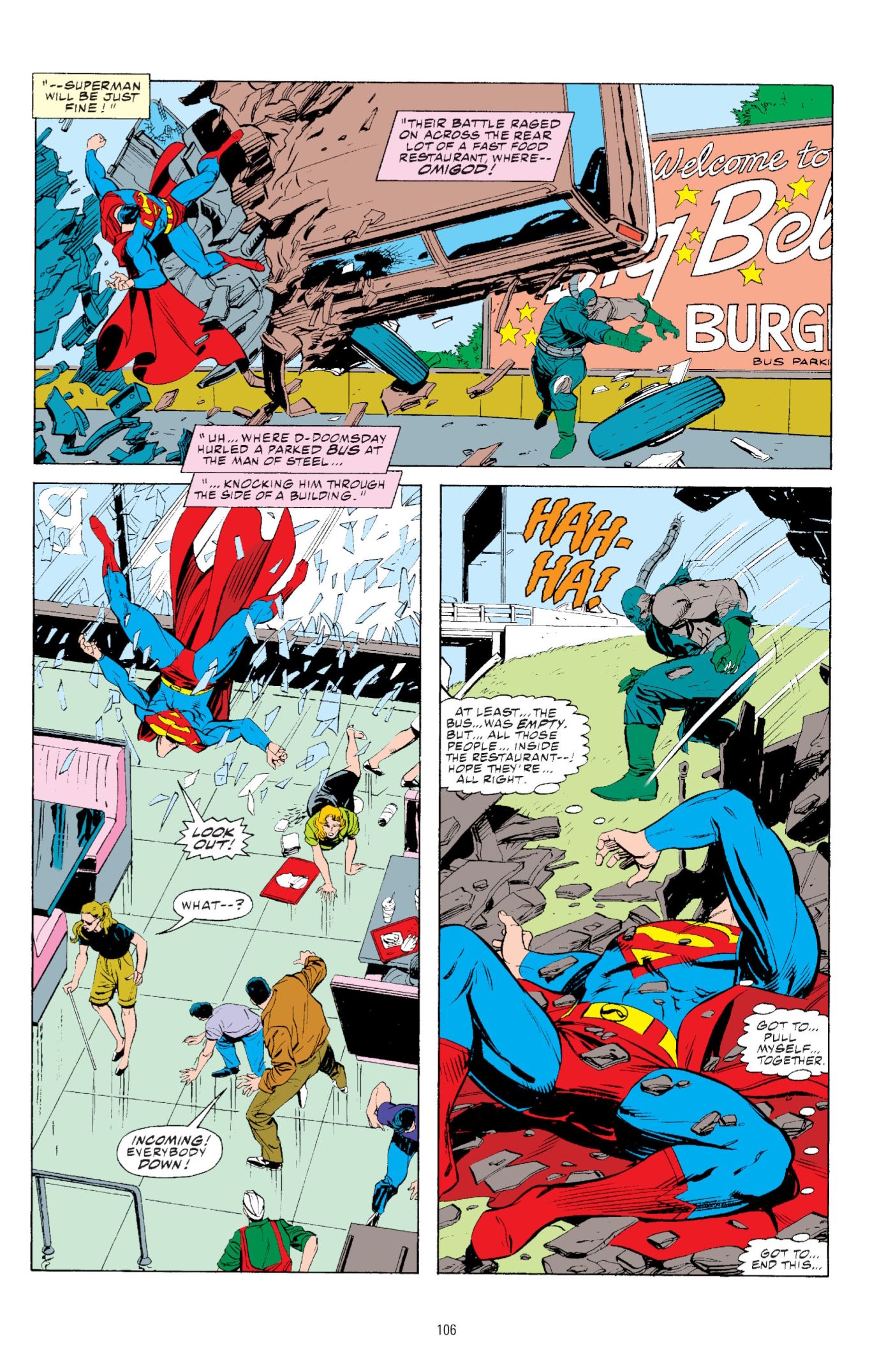 Comic book page: Doomsday throws Superman, leaving him crumpled in a heap of debris