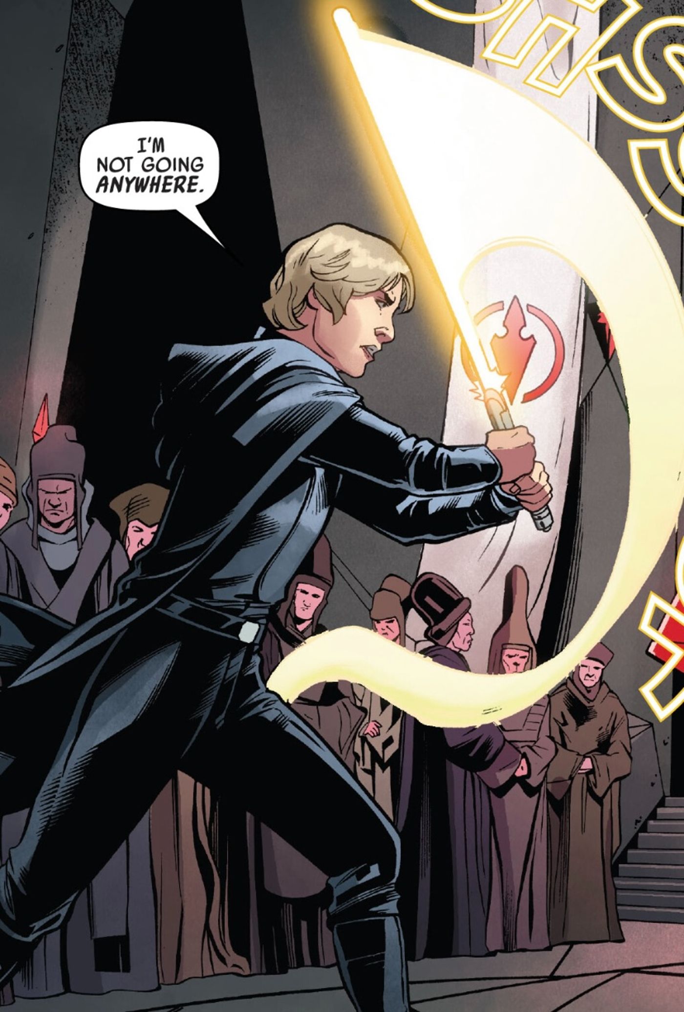 Star Wars #42, Luke Skywalker brande seu sabre de luz amarelo para um grupo de Sith