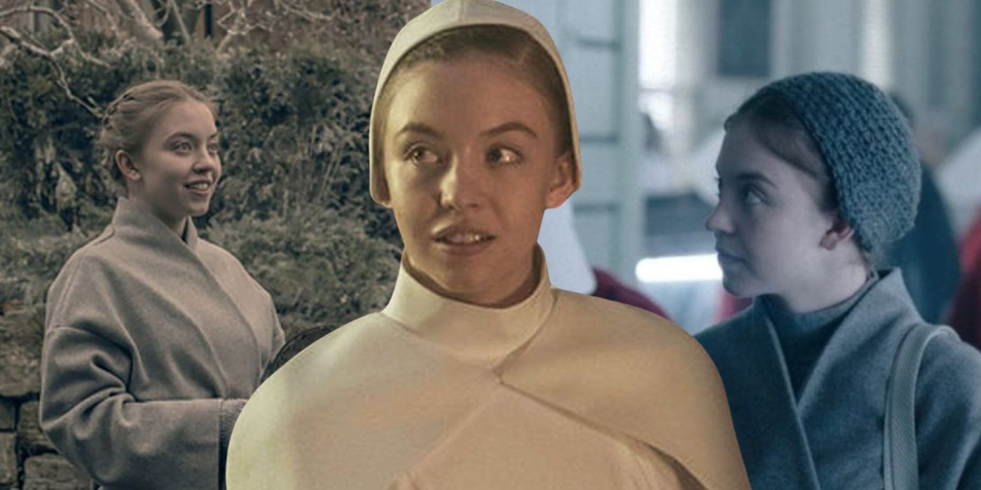 A collage of Sydney Sweeney in The Handmaids Tale