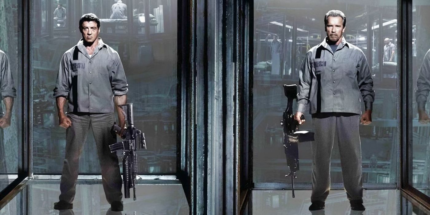 Sylvester Stallone as Ray and Arnie as Rottmeyer holding assault rifles on Escape Plan's poster