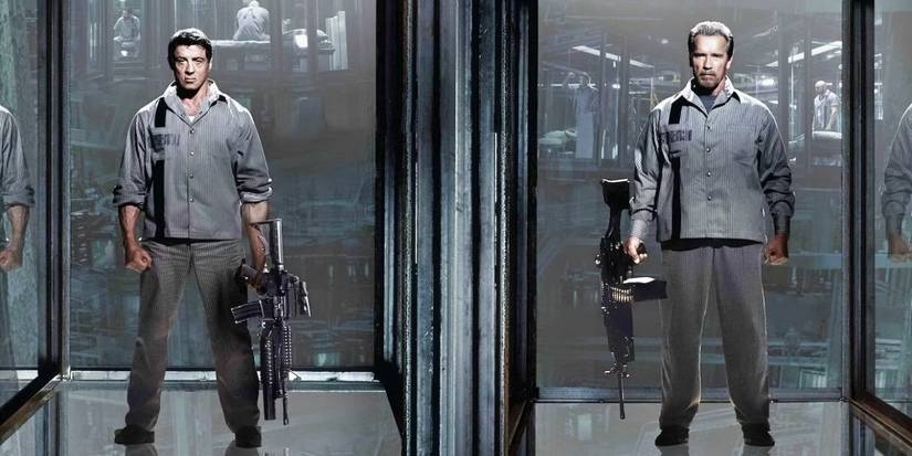 Sylvester Stallone as Ray and Arnie as Rottmeyer holding assault rifles on Escape Plan's poster