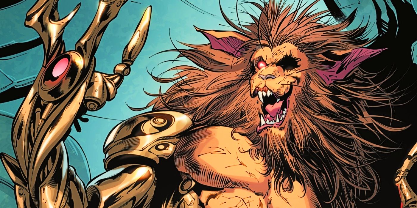 Featured Image: A closeup of Symbio&rsquo;s new body: a twisted metal arm sprouts from a muscled, lion-headed torso. The beast has one glowing red eye and one empty socket, long ears, and a wild shaggy mane; it roars in triumph.