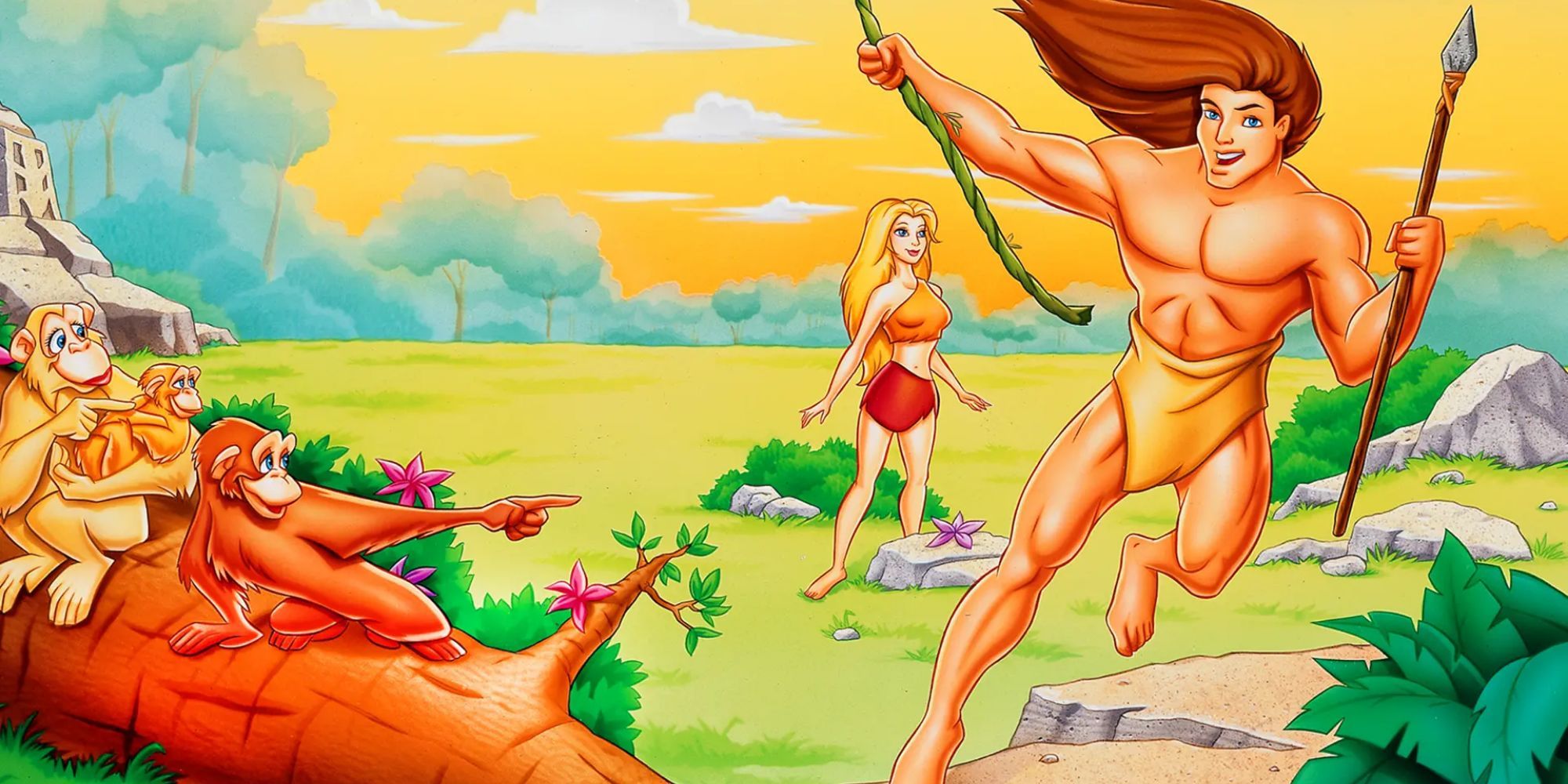 An animated Tarzan swings by apes with Jane in the background in Tarzan of the Apes (1999)