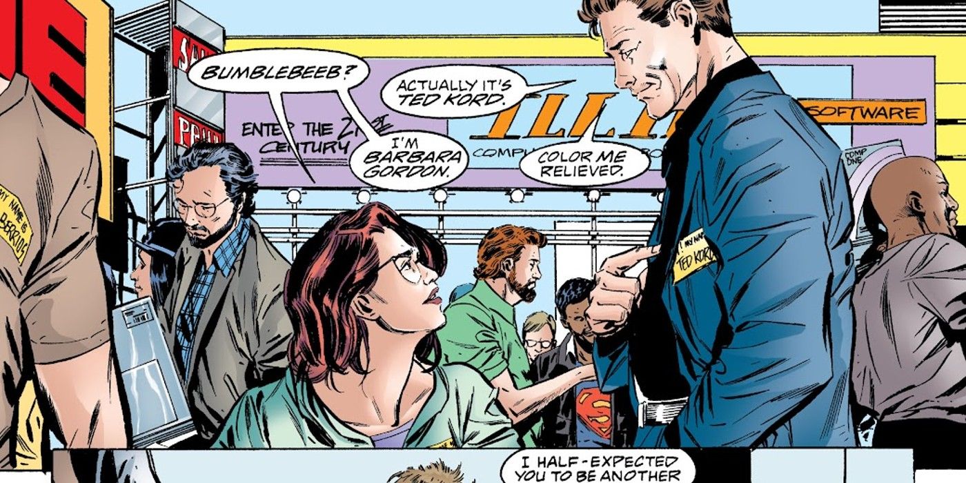 Comic book panel: Barbara Gordon and Ted Kord meet in a busy store.