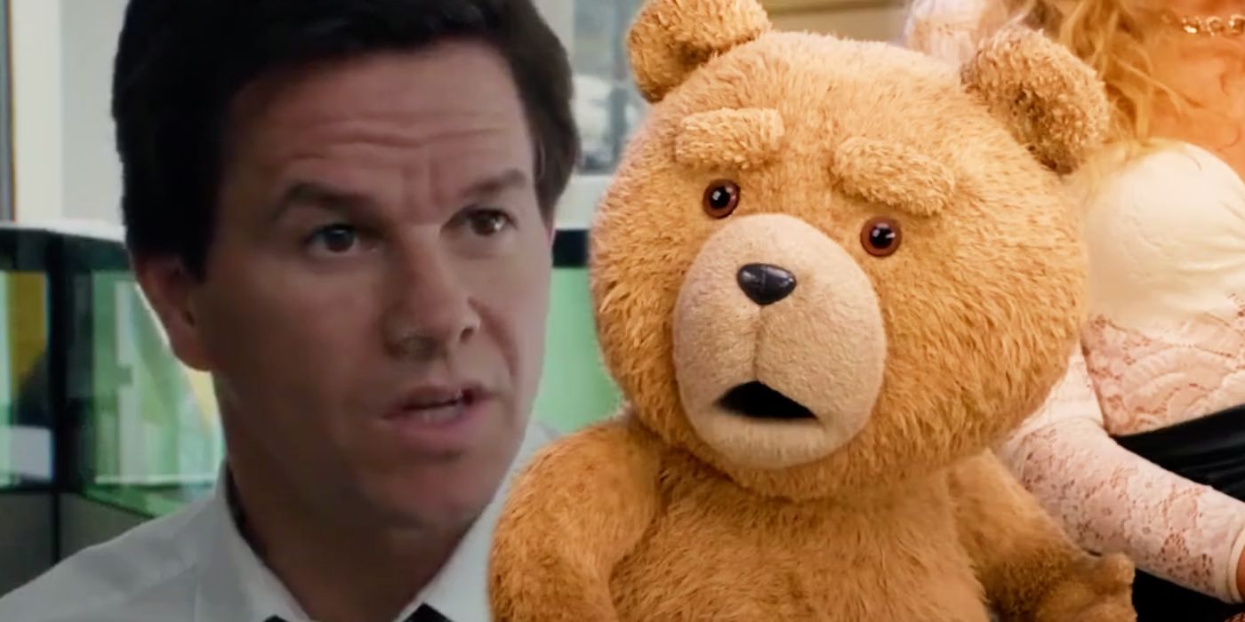 Mark Whalberg as John looking frustrated in Ted and Ted sitting on the couch between two women while looking surprised in the Ted prequel show