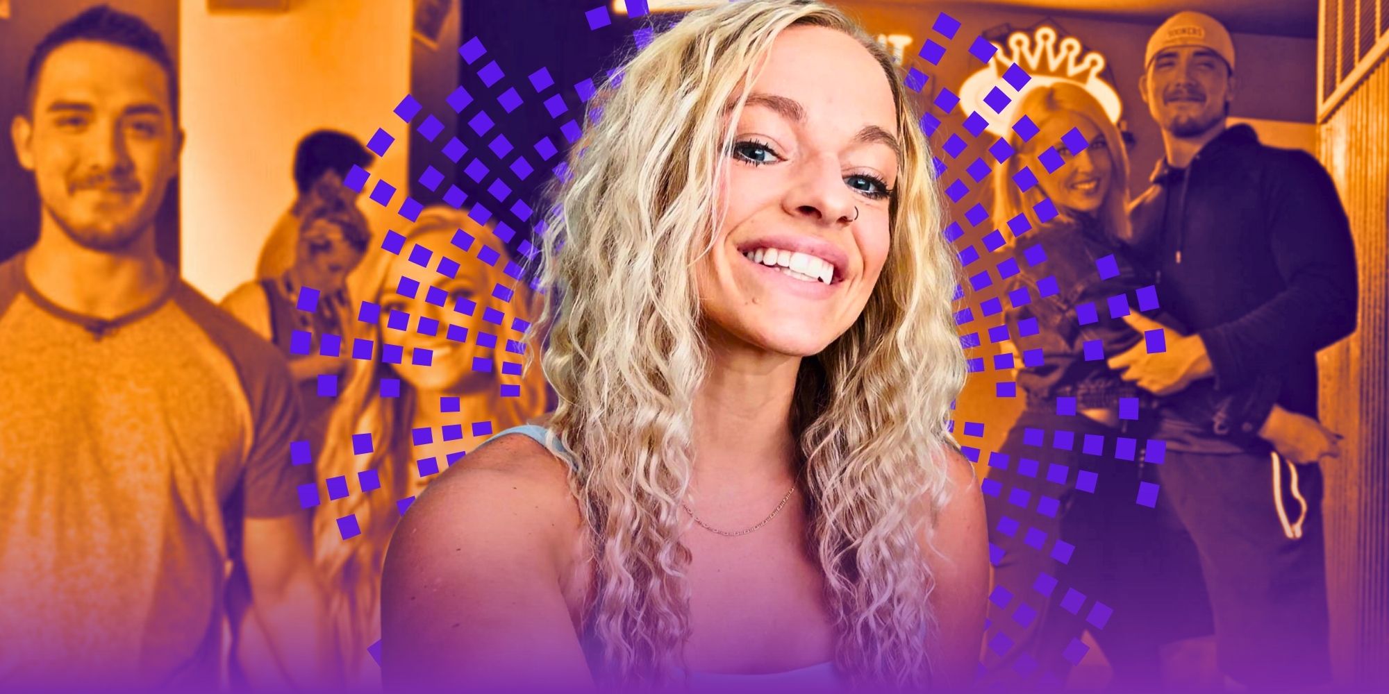 Mackenzie McKee from Teen Mom centered and smiling in front of purple and orange background featuring images of Mackenzie with ex-husband Josh
