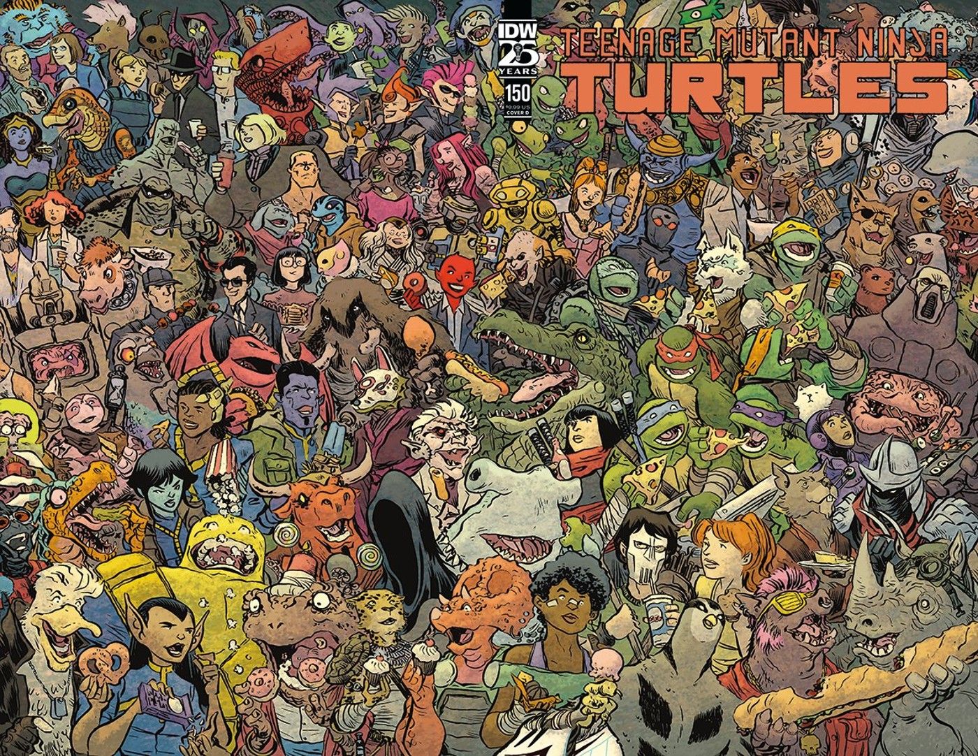 teenage mutant ninja turtles 150 tmnt 150 cover with all the franchise’s characters, each eating a different snack
