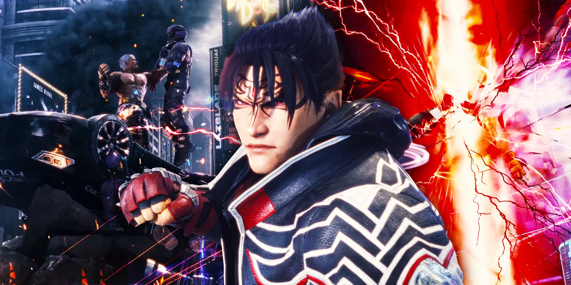 Image shows Jin staring determined with markings appearing on his forhead. Behind him is Bryan holding up an enemy and on the other side is a flash of red lightning.