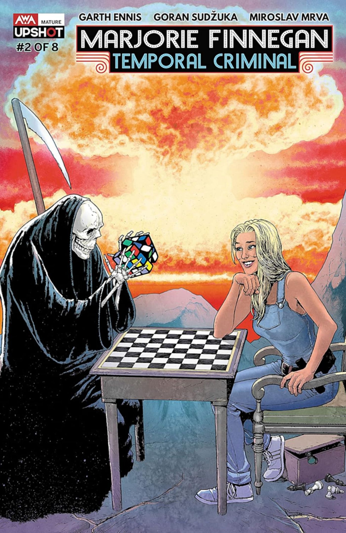 Marjorie Finnegan, Temporal Criminal #2 cover, Death playing with a Rubiks Cube, across a chess board from Marjorie