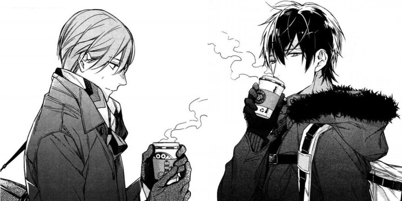 Ten Count manga panel featuring the two male leads drinking from coffee cups while bundled in winter garments.