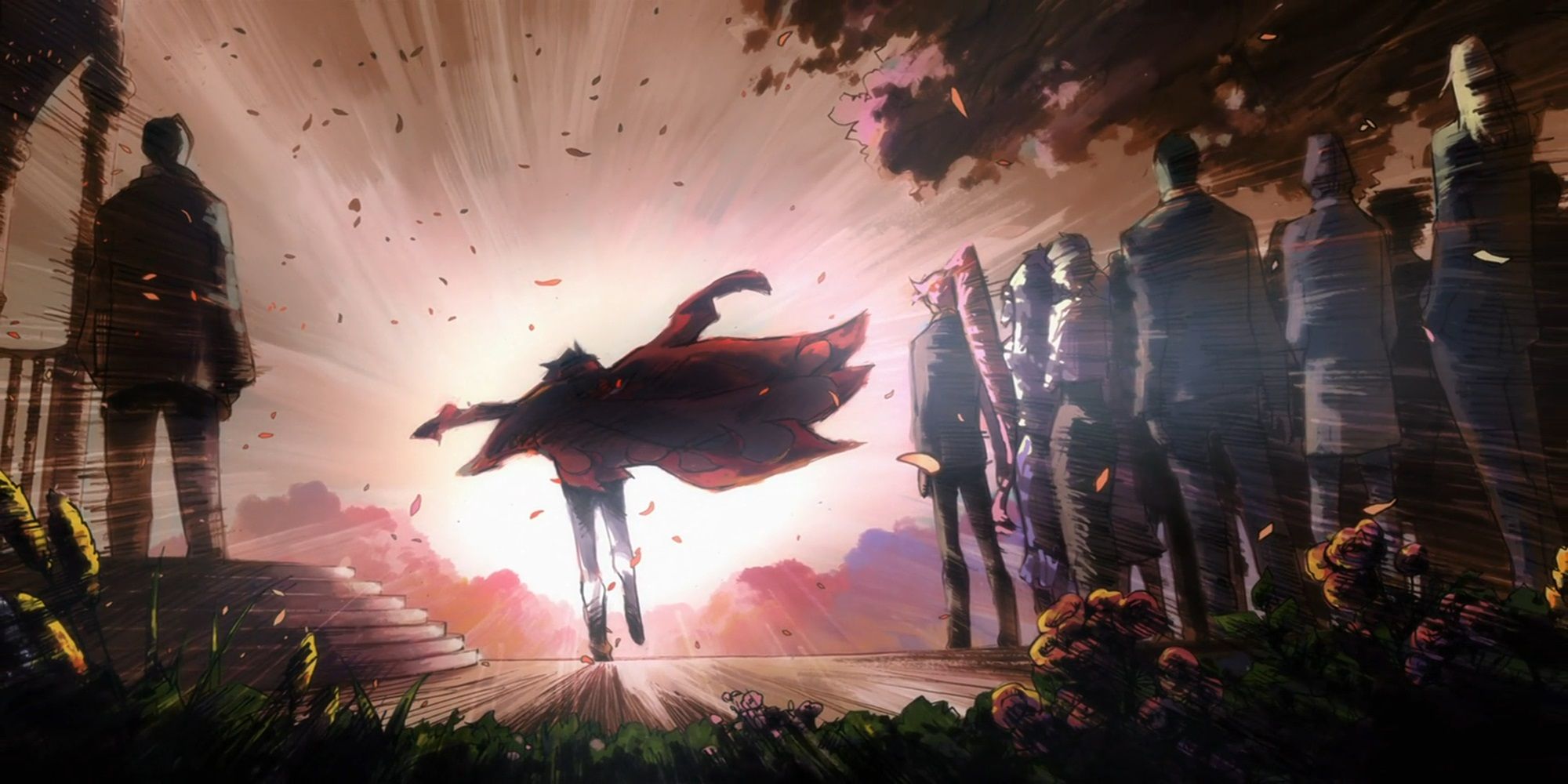 Tengen Toppa Gurren Lagann Final Scene depicting the main character with his back turned, walking away with his jacket flying behind him.