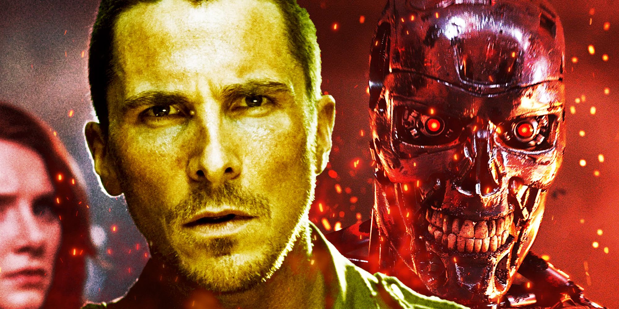 Collage of Terminator Salvation imagery with Christian Bale in close up and a terminator skeleton