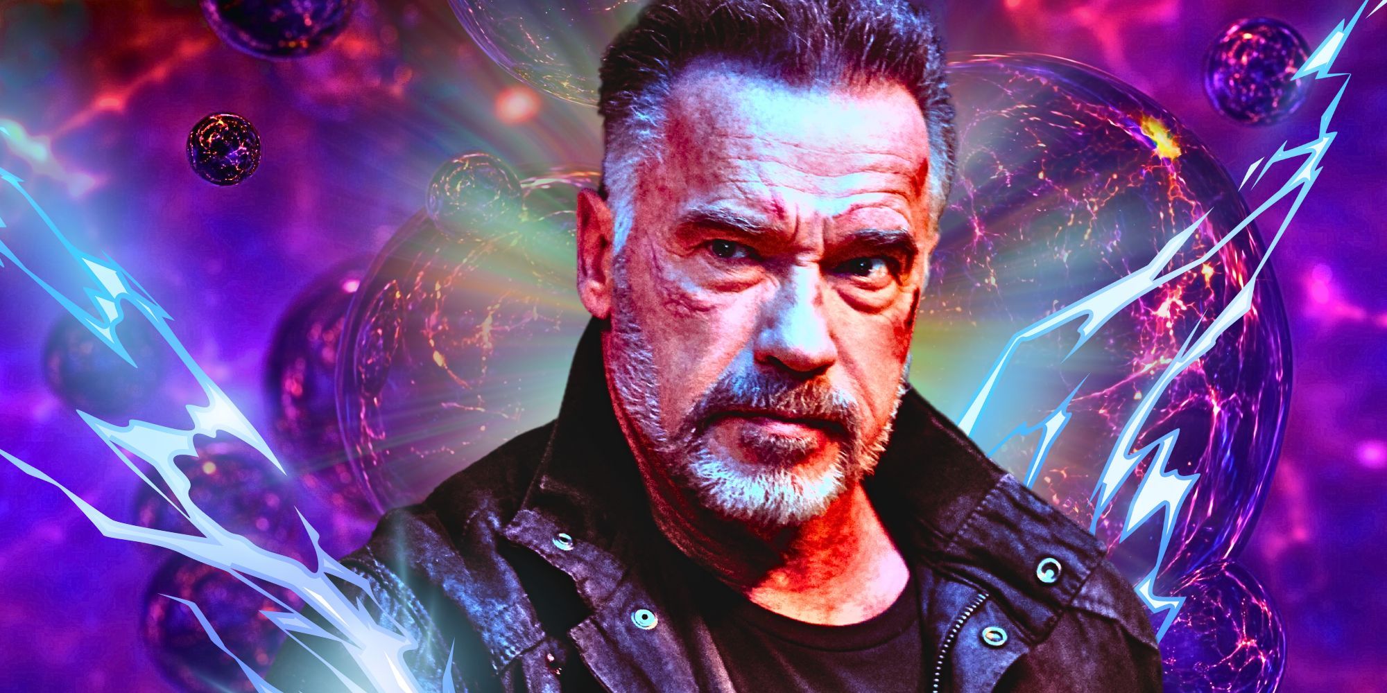 Arnold Schwarzenegger in Terminator: Dark Fate in front of a sci-fi background