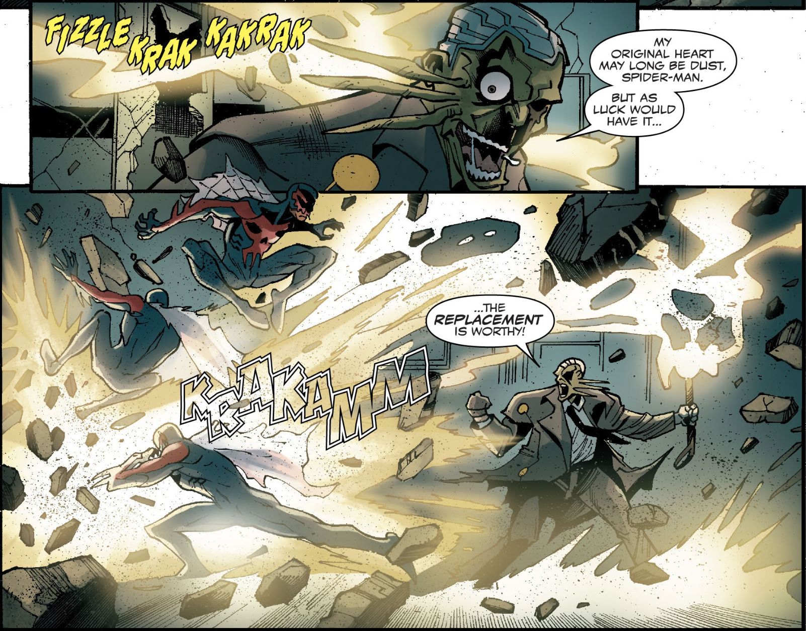 A close-up on Terror's gruesome, manic expression as he wields Stormbreaker. In the panel below, Spider-Man 2099 flips and jumps out of the way of the torrent of lightning that comes streaming out from the hammer.