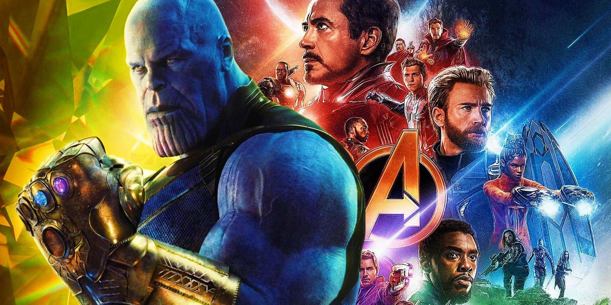Thanos wielding the Infinity Gauntlet next to the poster for Avengers: Infinity War