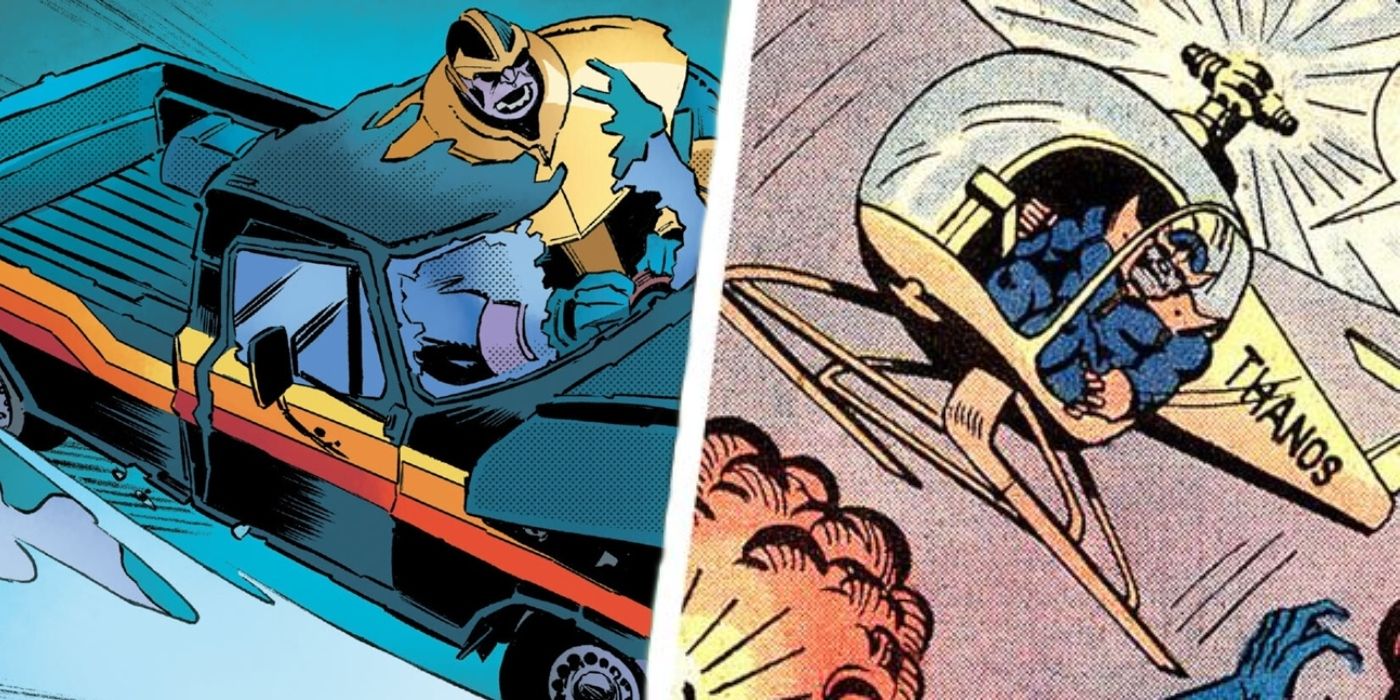 Thanos driving in a homemade convertible next to the Thanos-Copter.