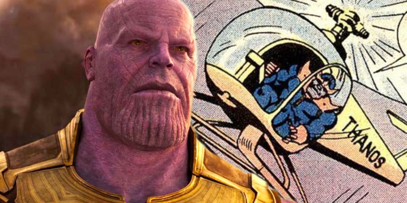 MCU Thanos olhando para seu Thanos-Copter da Marvel Comics.