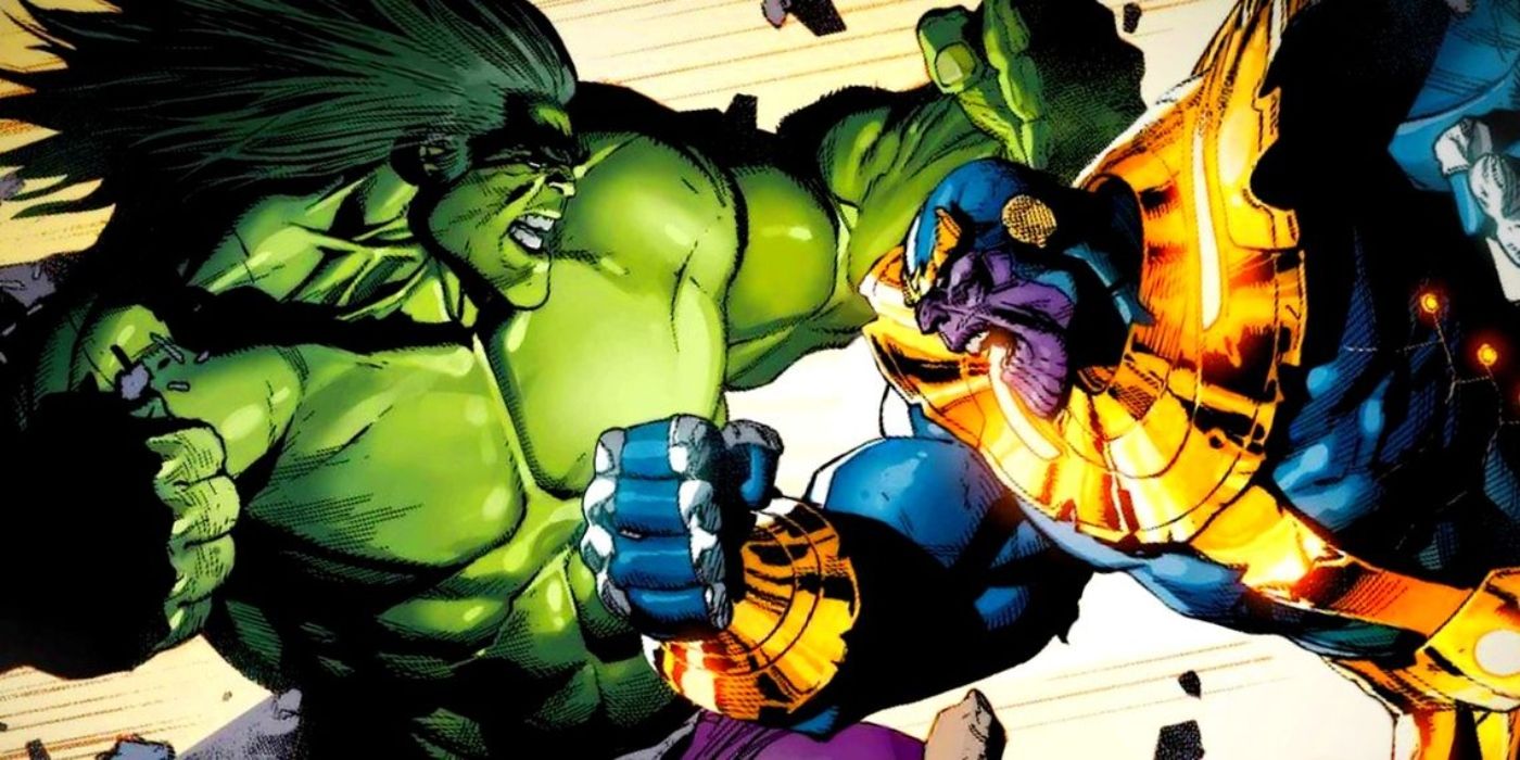 Hulk fighting Thanos one-on-one.