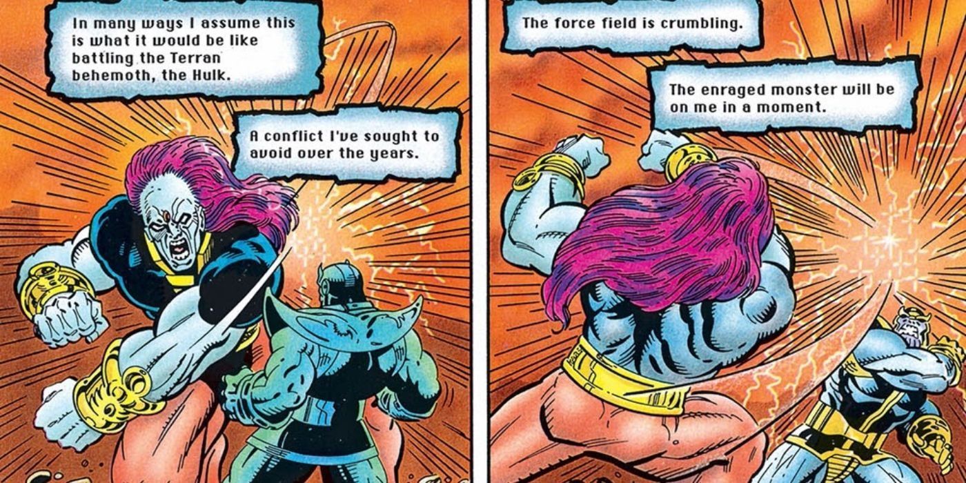 Thanos fighting the Champion while comparing him to the Hulk.