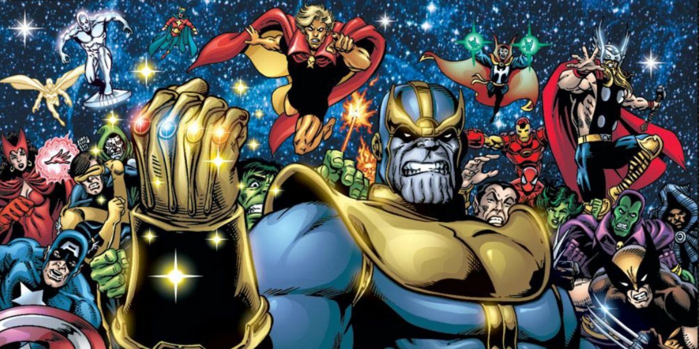 Thanos wielding the Infinity Gauntlet with Marvel's heroes behind him.