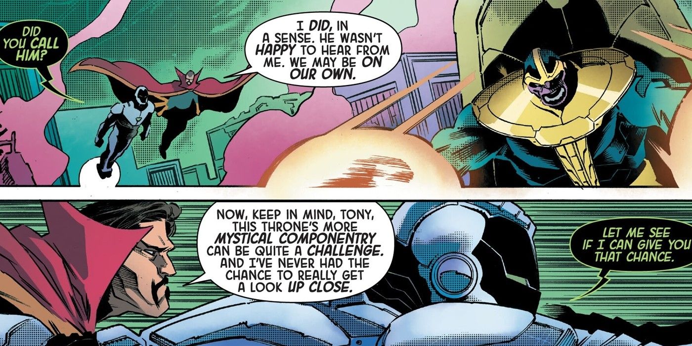 Two panels of Iron Man and Doctor Strange fighting Thanos