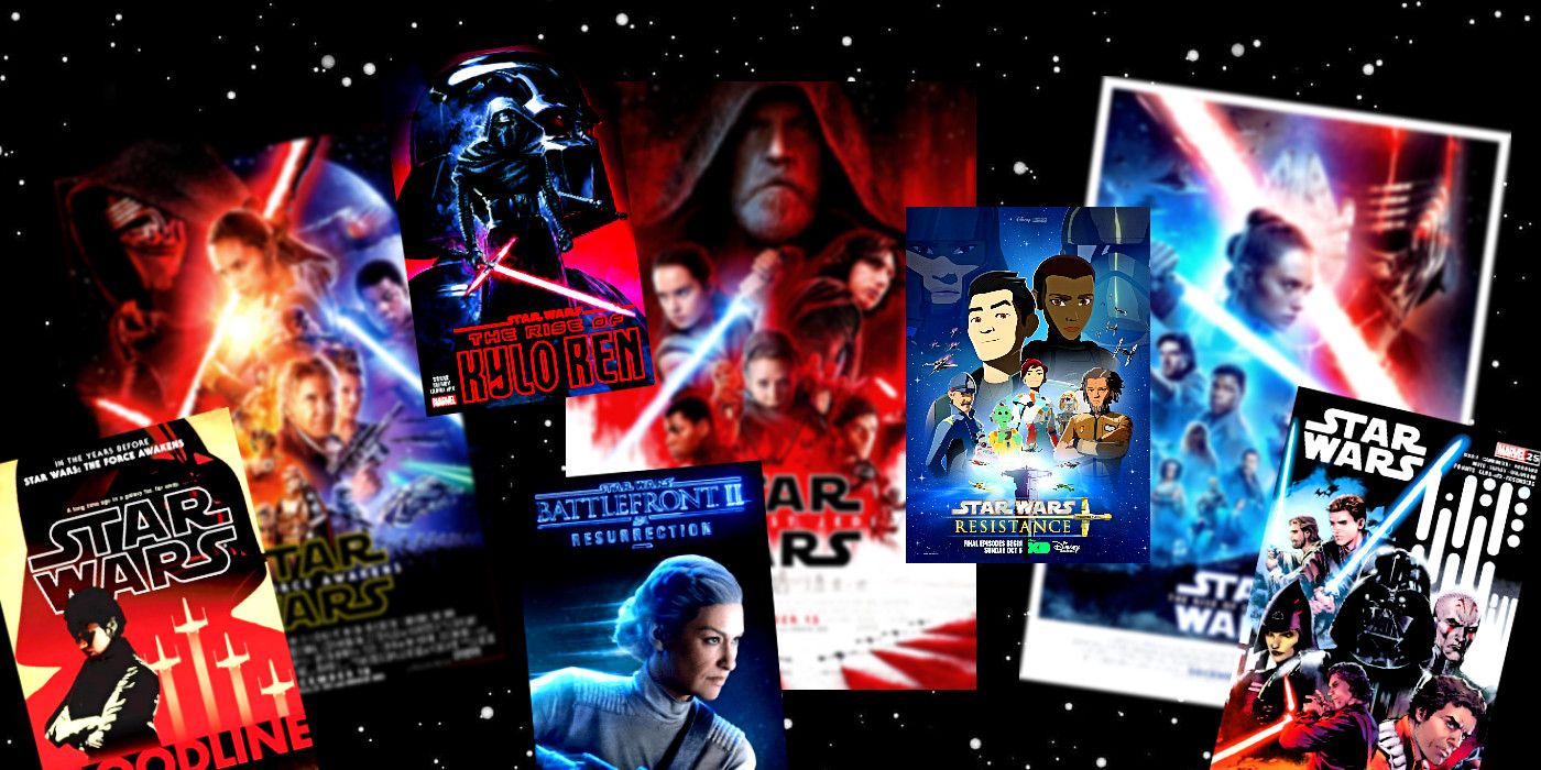 Several Star Wars stories on top of posters for the sequel trilogy.