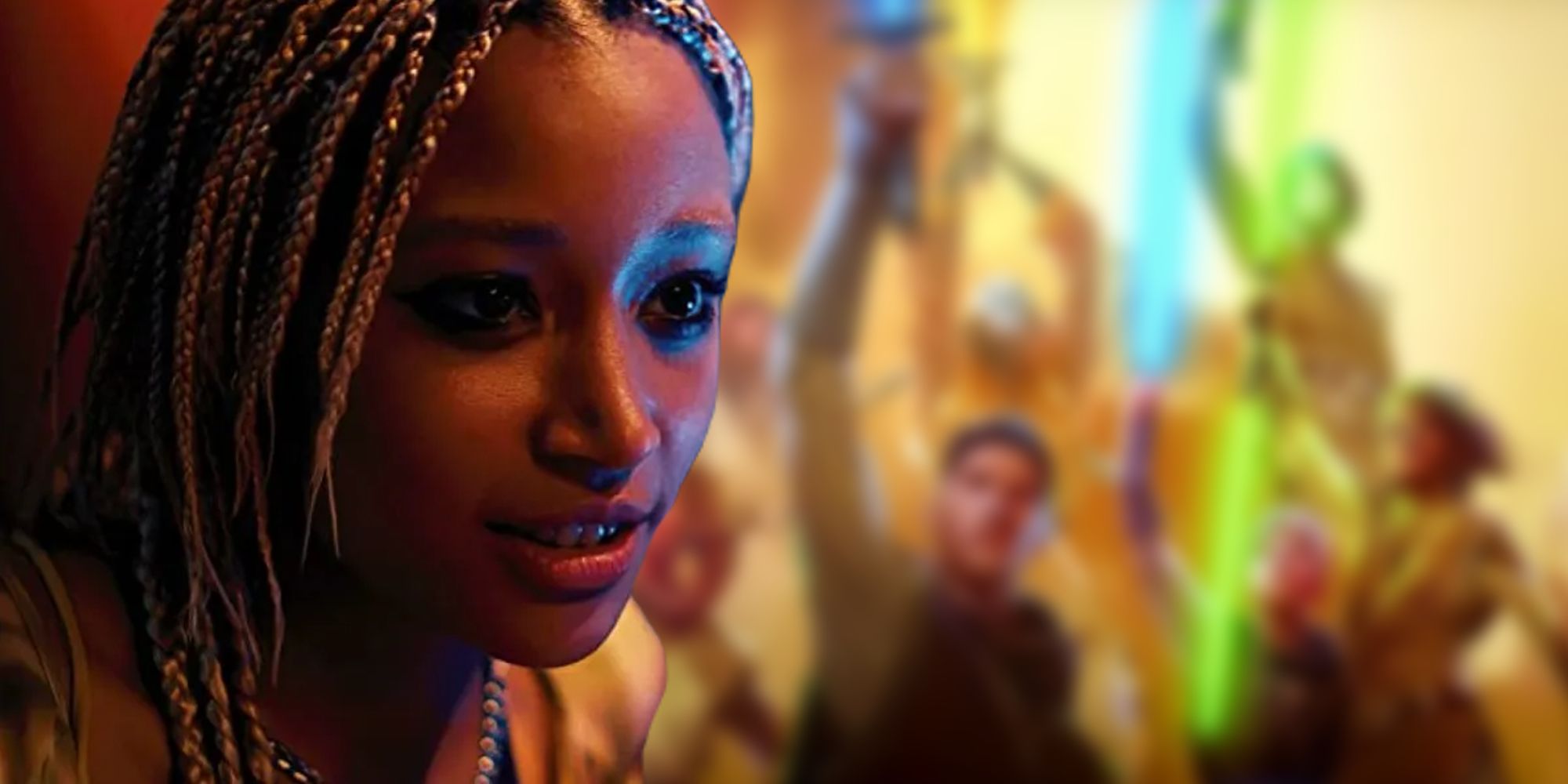 Amandla Stenberg next to a blurred image of the Jedi Order from the High Republic