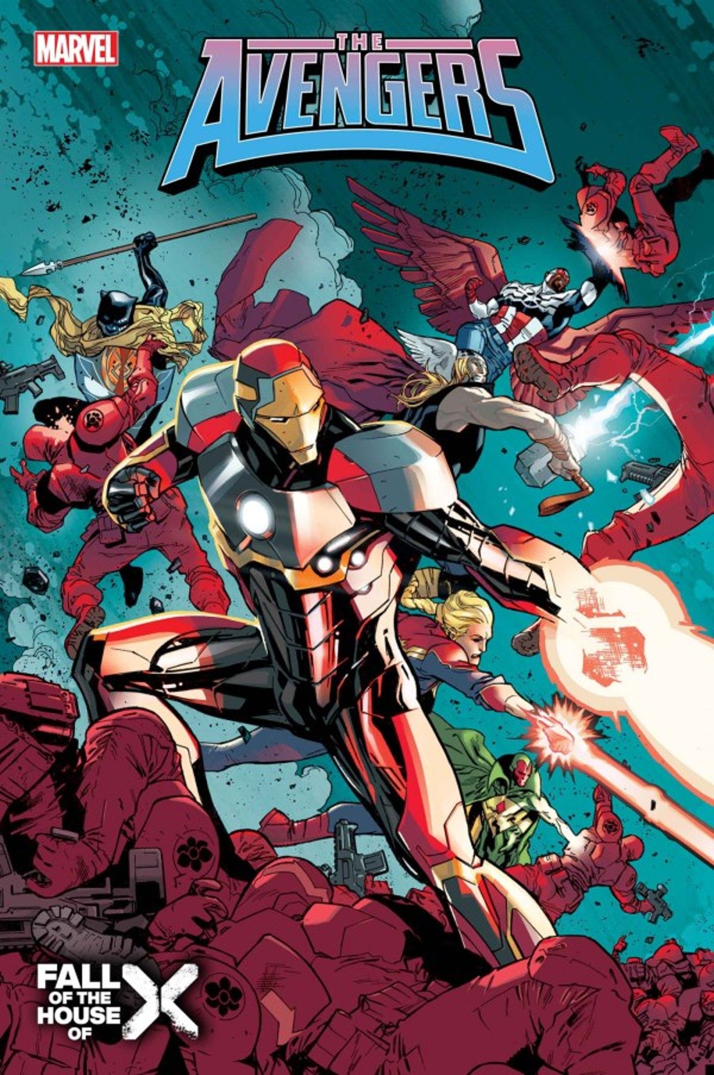 The Avengers #12 cover, Iron Man leads the Avengers in all out war against anti-mutant organization Orchis.