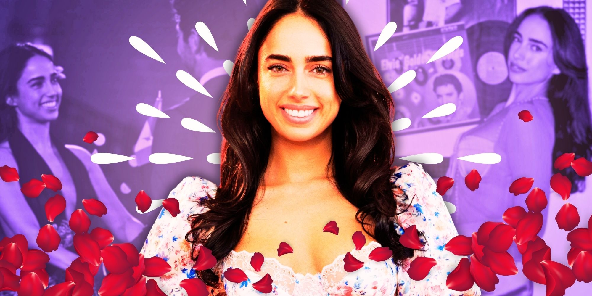 The Bachelor Season 28's Maria Georgas with flower petals lavender background