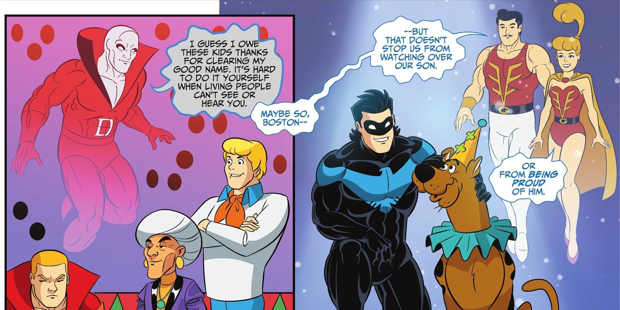 The Batman &amp; Scooby-Doo! Mysteries #1 page 21. Panels show Deadman and Dick Grayson&rsquo;s parents watching over Nightwing
