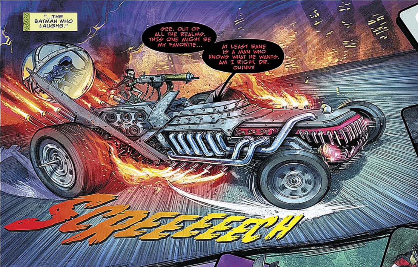 Green Arrow #32, the Batman Who Laughs screeches into frame driving his Batmobile That Laughs