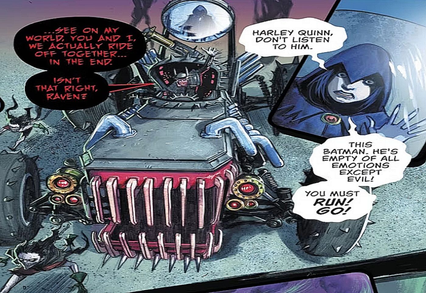 The Batman Who Laughs shows off his horrifying version of the Batmobile