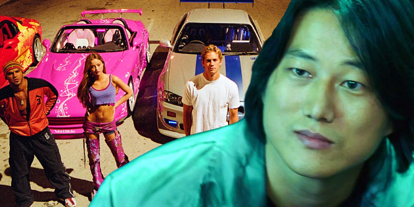 The cast of 2 Fast 2 Furious in front of their cars and Han in Tokyo Drift