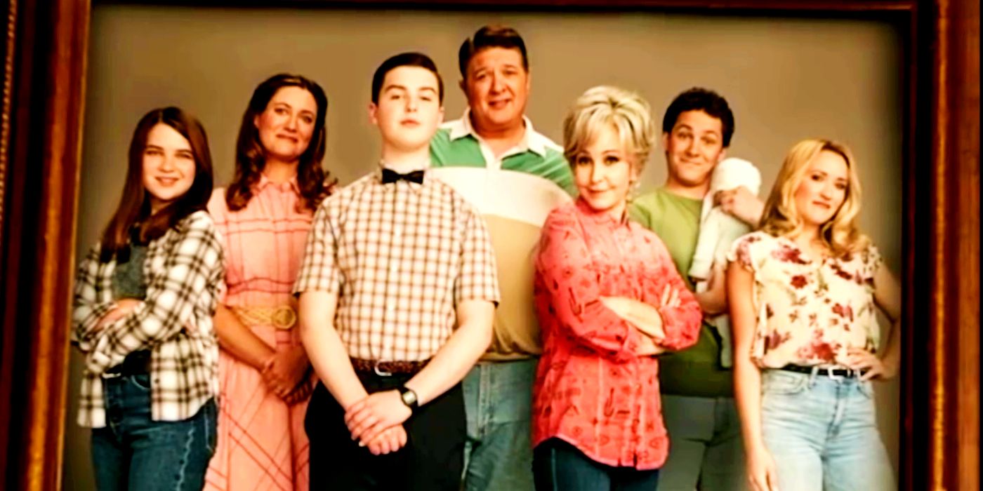 Raegan Revord as Missy, Zoe Perry as Mary, Iain Armitage as Sheldon, Lance Barber as George, Annie Potts as Meemaw, Montana Jordan as Georgie, and Emily Osment as Mandy in a family picture for Young Sheldon season 7