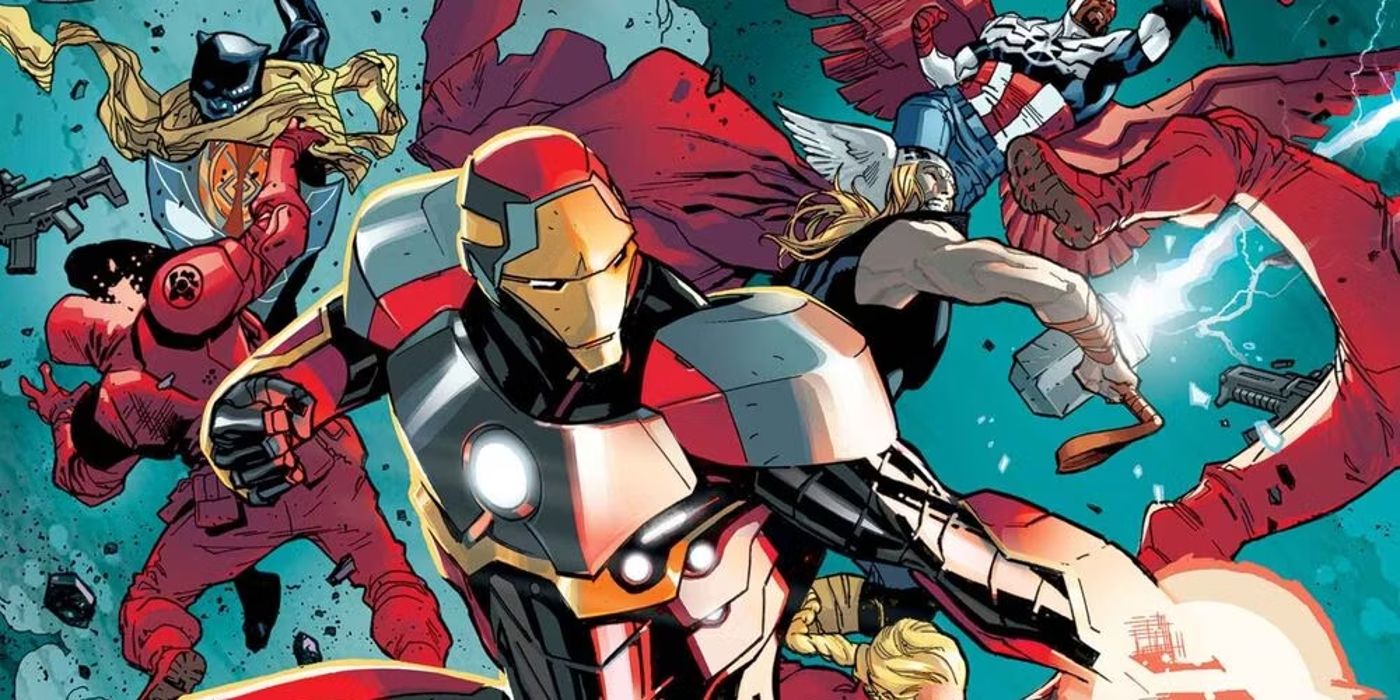 Featured Image: Cropped cover for Avengers (2023) #12, Iron Man leading the Avengers in a brawl with Orchis forces